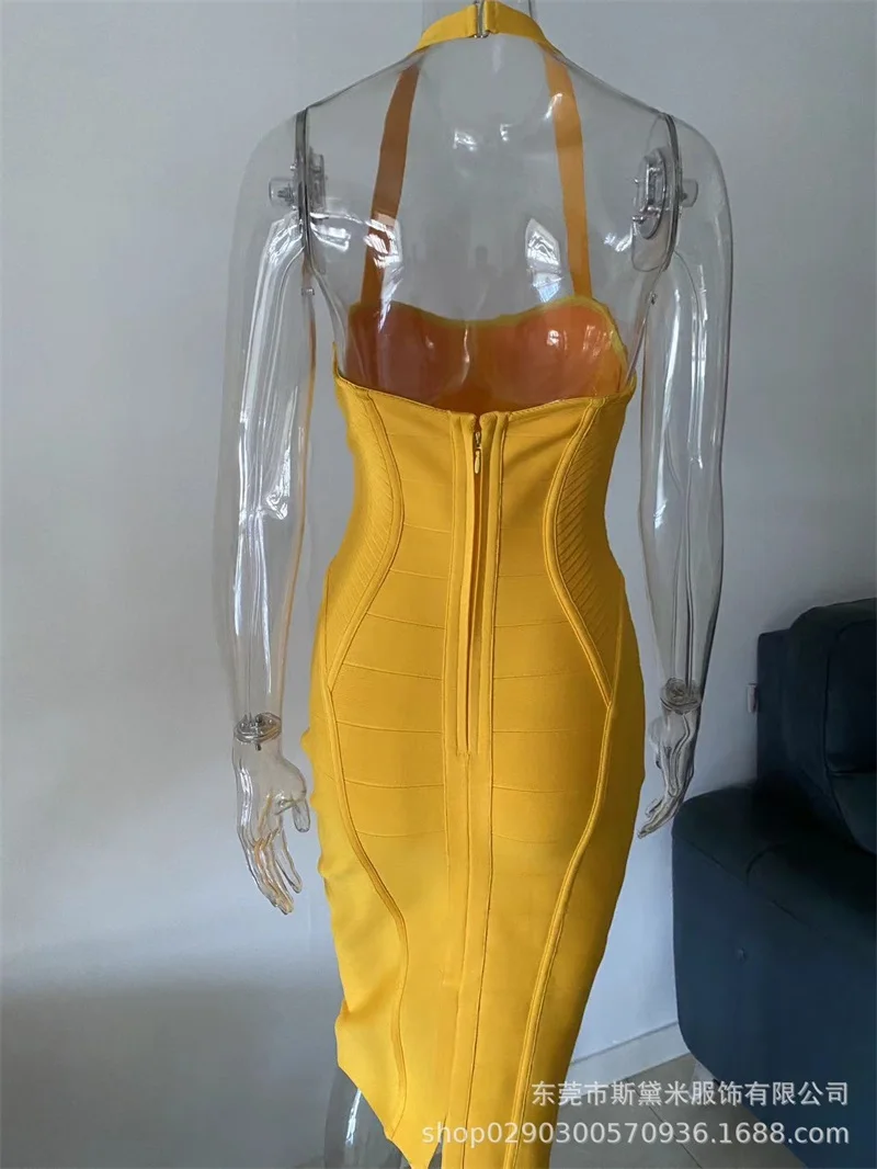   فستان ضيق مثير برقبة رسن صفراء لعام 2025 فستان كوكتيل عميق بدون ظهر مع خطوط عمودية أنيق بدون أكمام للحفلات #4