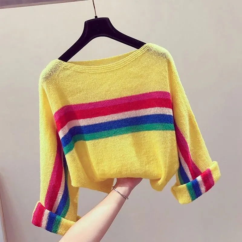 Women\'s Clothing Color Striped Jumpers Casual Loose Spring Summer Thin Round Neck Korean Long Sleeve All-match Knitted Sweaters