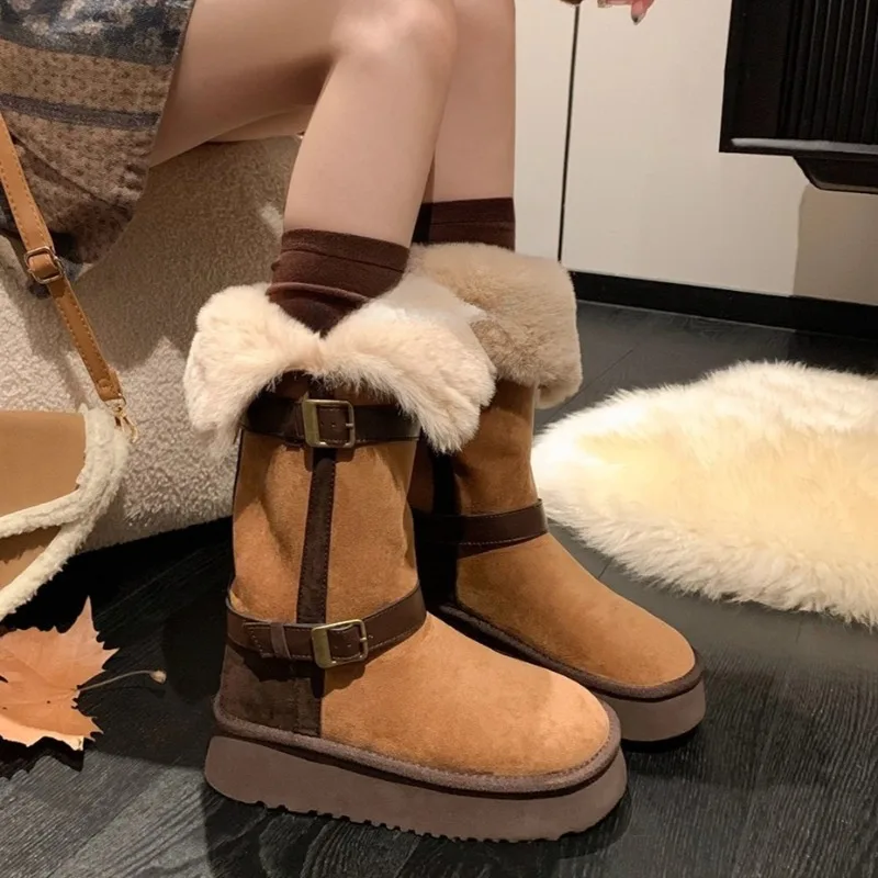 

High Snow Boots Winter New Round Toe Metal Buckle Platform Color-block Non-slip Cotton Shoes