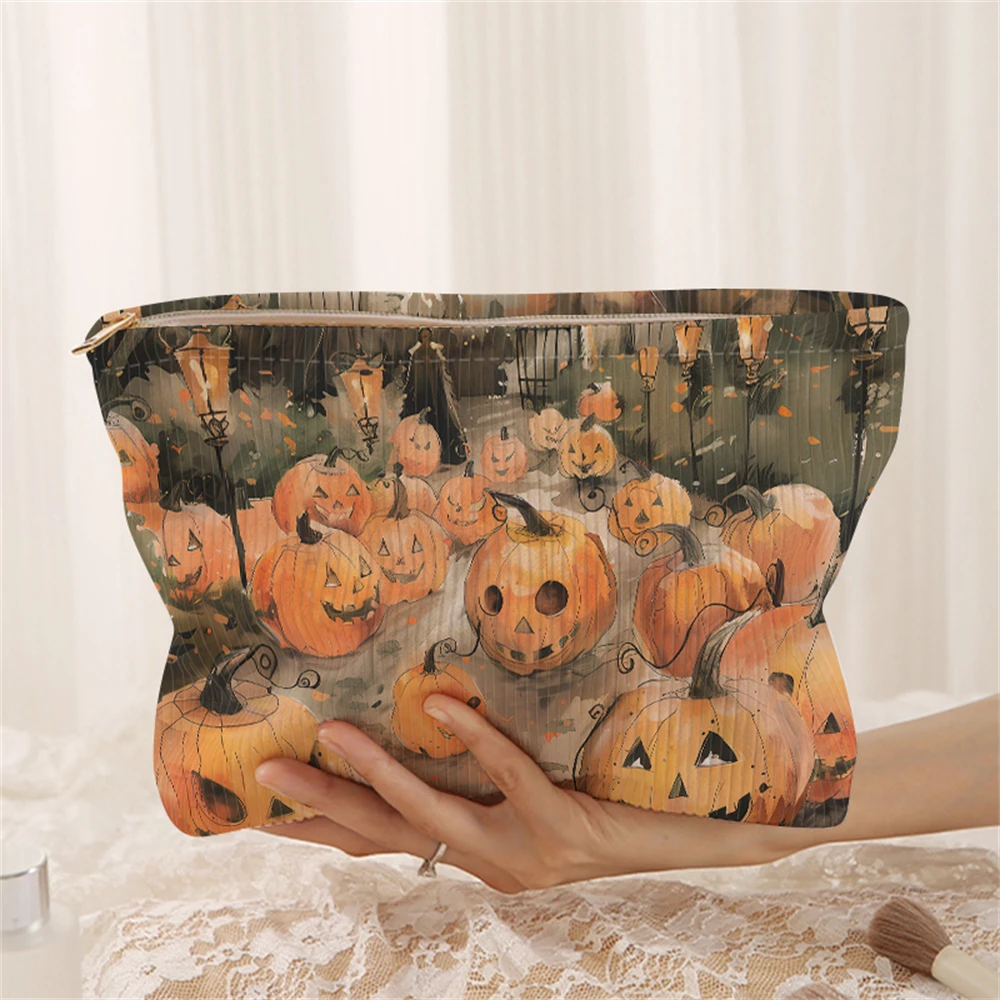 

1 pumpkin patterned corduroy makeup bag, lightweight zipper makeup storage box, multifunctional bag with lining