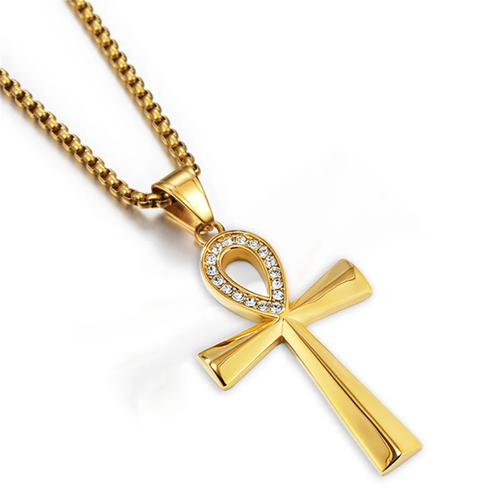 المصرية مثلج خارج بلينغ عنخ الصليب قلادة الذهب والفضة اللون قلادة من الفولاذ المقاوم للصدأ للنساء الرجال مصر القديمة مجوهرات هدية
