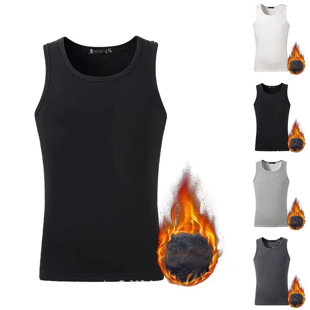 Comfy Fashion Mens Male Undershirt Fleece O Neck Sleeveless Slim Fit Solid Color Tank Top Thermal Base Layer Autumn