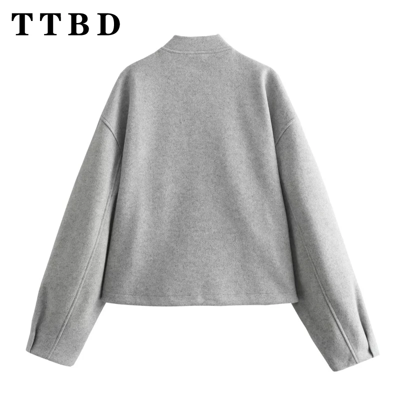 TTBD 2024 New Autumn Winter Women's Fashion Solid Zipper Bomber Jacket Ladies Vintage O-Neck Long Sleeve Chic Coat