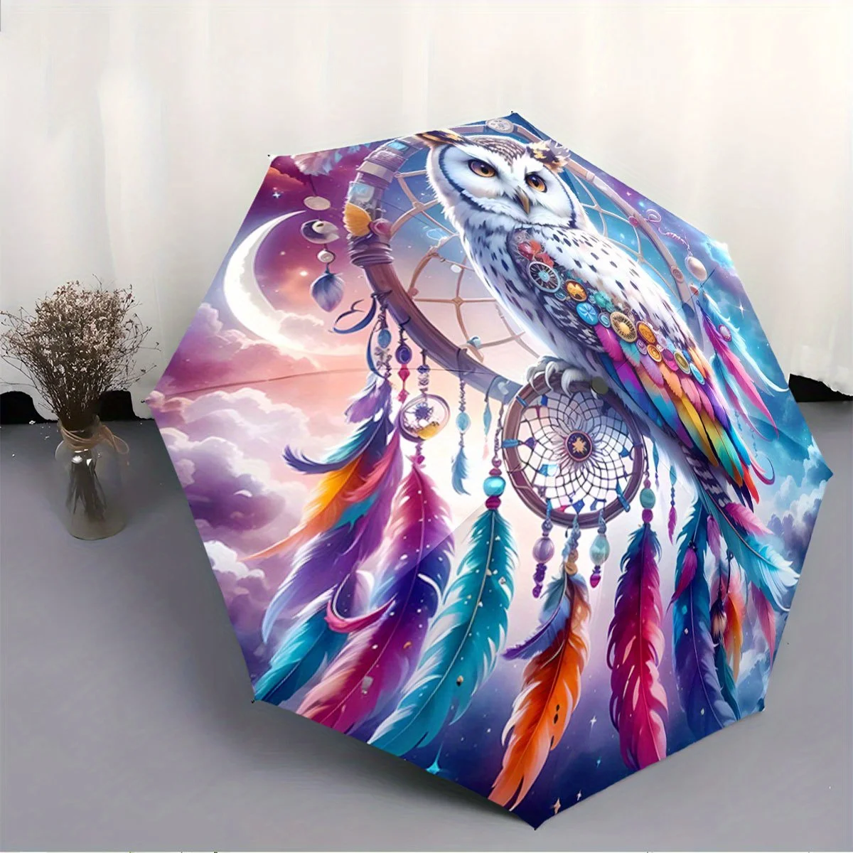 

Automatic Folding Umbrella with Owl on Dreamcatcher - Auto Open/Close, Compact Travel Umbrella, Sturdy 8-Rib Shaft, One-Touch