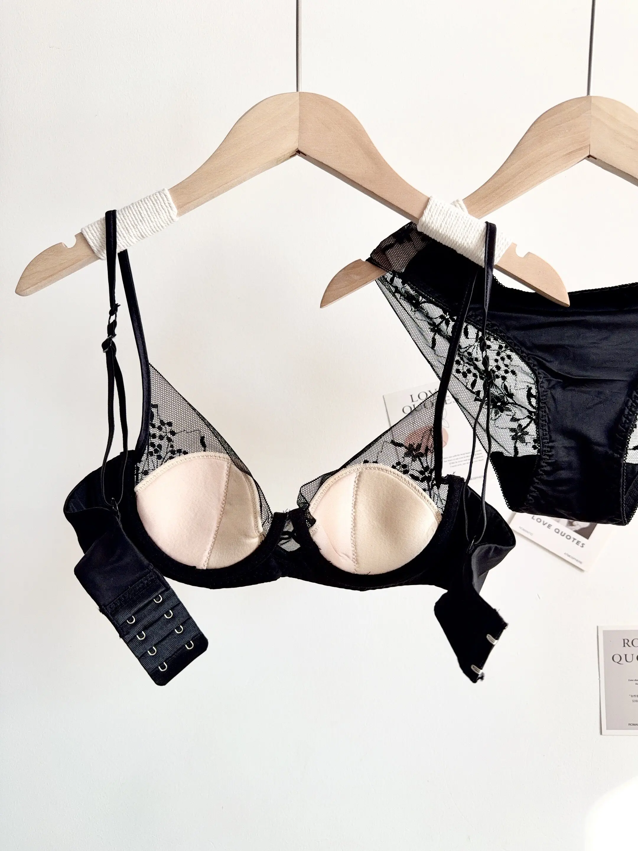 Conjunto de Lencería de Encaje Cómodo para Mujer, Sujetador con Aros Suaves, Copa Delgada, Push-Up, Transpirable, Ropa Interior para Mujeres con Busto Pequeño