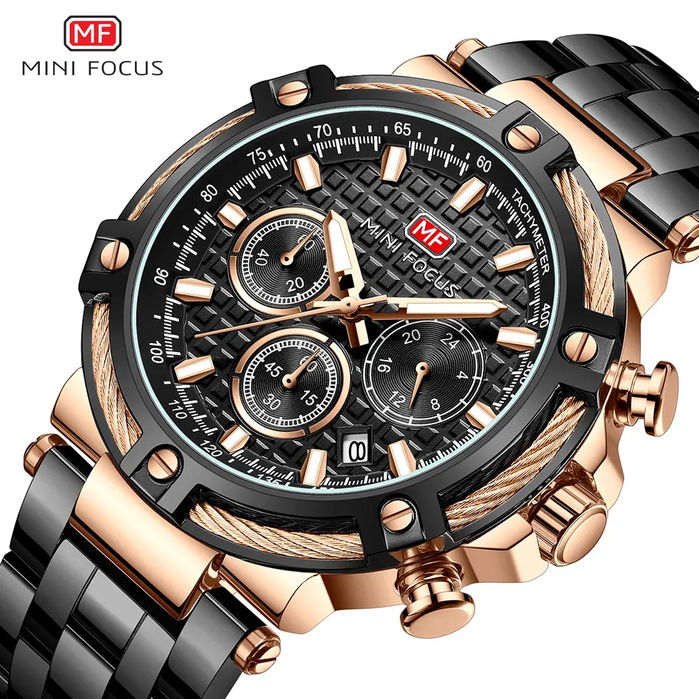 MINI FOCUS Black Stainless Steel Quartz Watch Men Fashion Luminous Dress Wristwatch with Date 24-hour Display Chronograph 0470