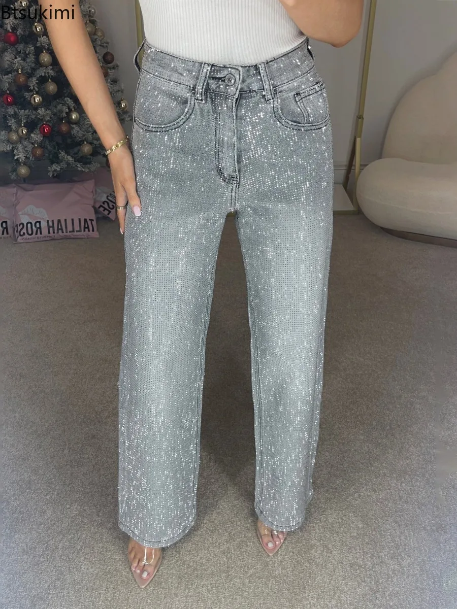 

2025 Gray Mid Waist Jeans for Women Fashion Diamonds Shine Christmas Party Trousers Autumn Winter Elegant Luxurious Denim Parts