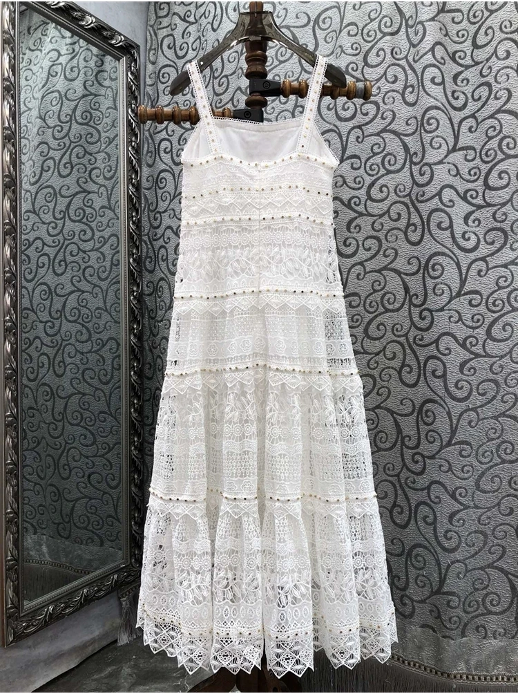 Top Quality New Long Dress 2024 Summer Evening Women Spaghetti Strap Beading Deco Sleeveless Long White Maxi Lace Dress Occasion