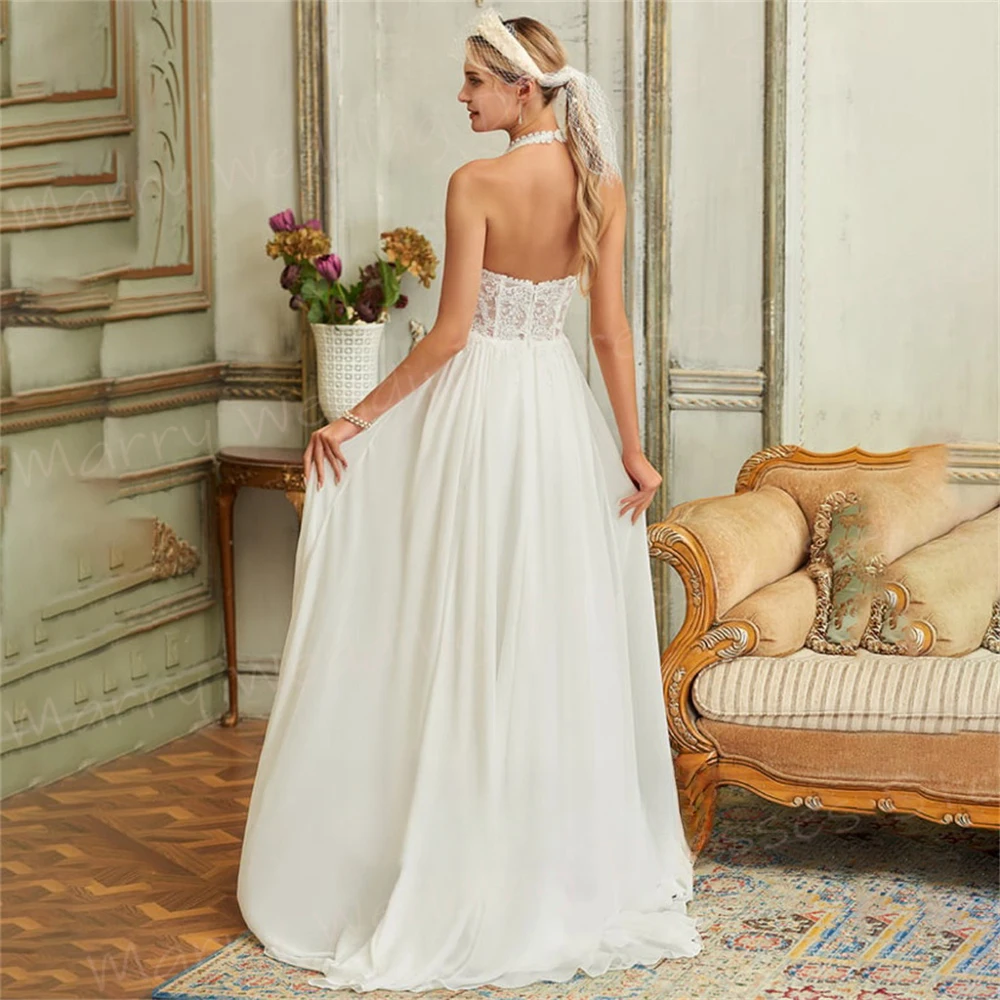 Nowoczesne damskie suknie ślubne A Line proste aplikacje koronkowe suknie panny młodej nowe popularne Halter Neck bez rękawów Vestidos Novias Boda