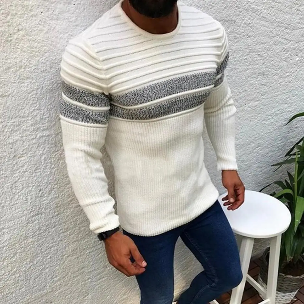 

Round Neck Men Sweater Fashionable Men's Striped Sweater Slim Fit Color-blocked Knitwear for Autumn/winter Casual Long Sleeve