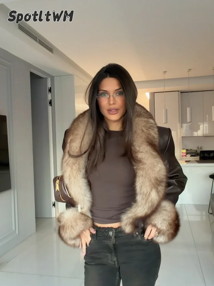 Women's Faux Fur Trim Lapel Brown Leather Jacket Long Sleeve Warm Slim Fit Short Solid Coats 2026 Winter Lady Vintage Streetwear