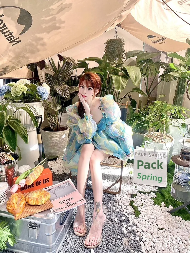 

Strive Umei Princess Style Sweet Short Puffy Skirt Dress Women Summer Commute Korean Version Hollow out Backless Linen Dress