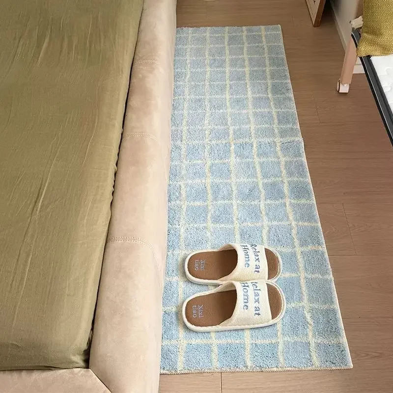VIKAMA Bohemian Cream Azure Blush Rhombus Checker Bed Runner Rug Retro Silken Bedchamber Styling Keepsake Heavy Duty Refined