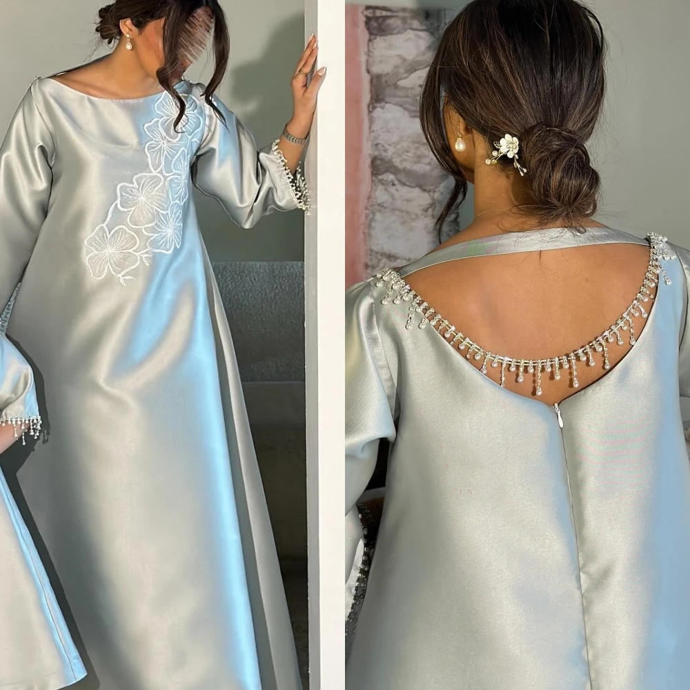 Robe de Rhen satin avec pompon perlé, robes mi-longues, robe de fiançailles, ligne A, col rond, occasion sur mesure, Arabie saoudite