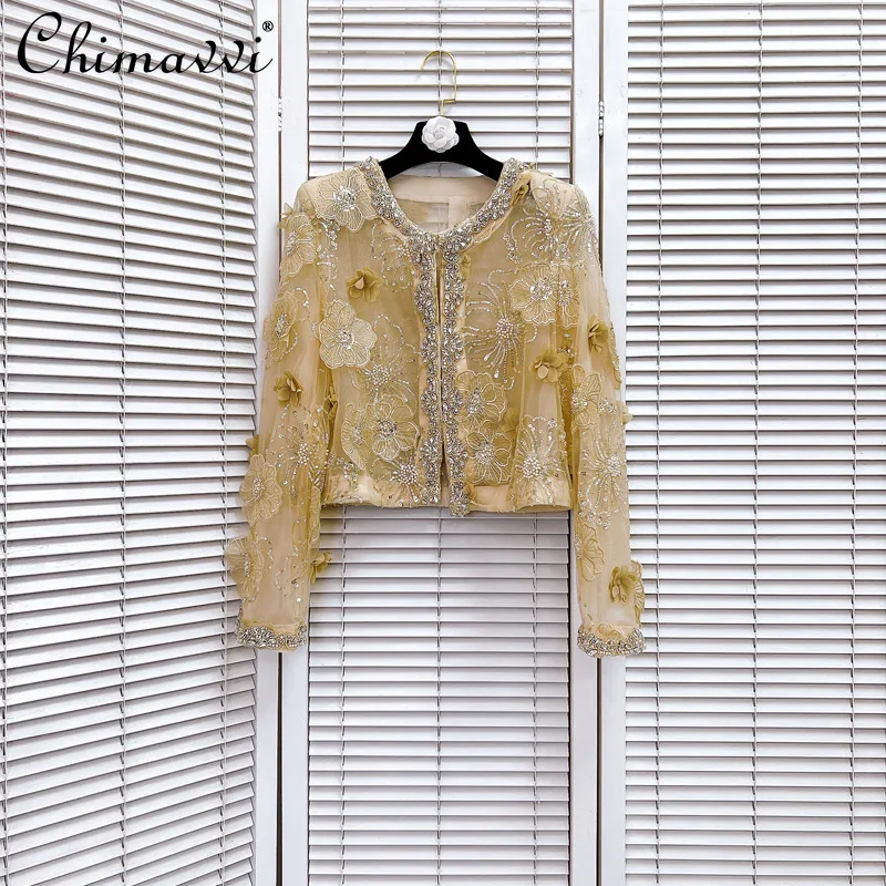 

French Elegant Socialite Heavy Industry Bead Diamond 3D Flower Round Neck Long Sleeve Hidden Button Short Shirt Blouse for Woman