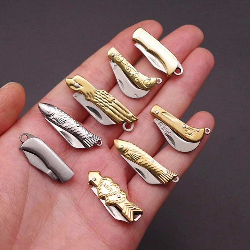 Mini Pocket Knife Brass Keychain Stainless Steel Pendant Cleaver Blade Cutter Outdoor Tool Portable Folding Knife TO Open Box