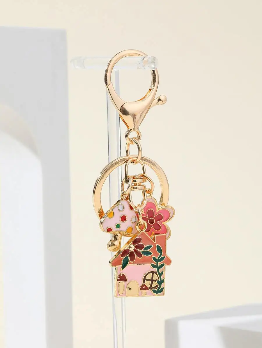 

Metal Cartoon House And Mushroom Charm Keychain For Bag Car Accessories Y2k Goth Style