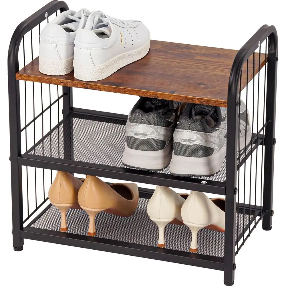 

3-Tier Shoe Rack with Guardrails, Heavy-Duty Metal Mesh Shelves & Rustic Wooden Top - Space-Saving Organizer or Closet, Entryway