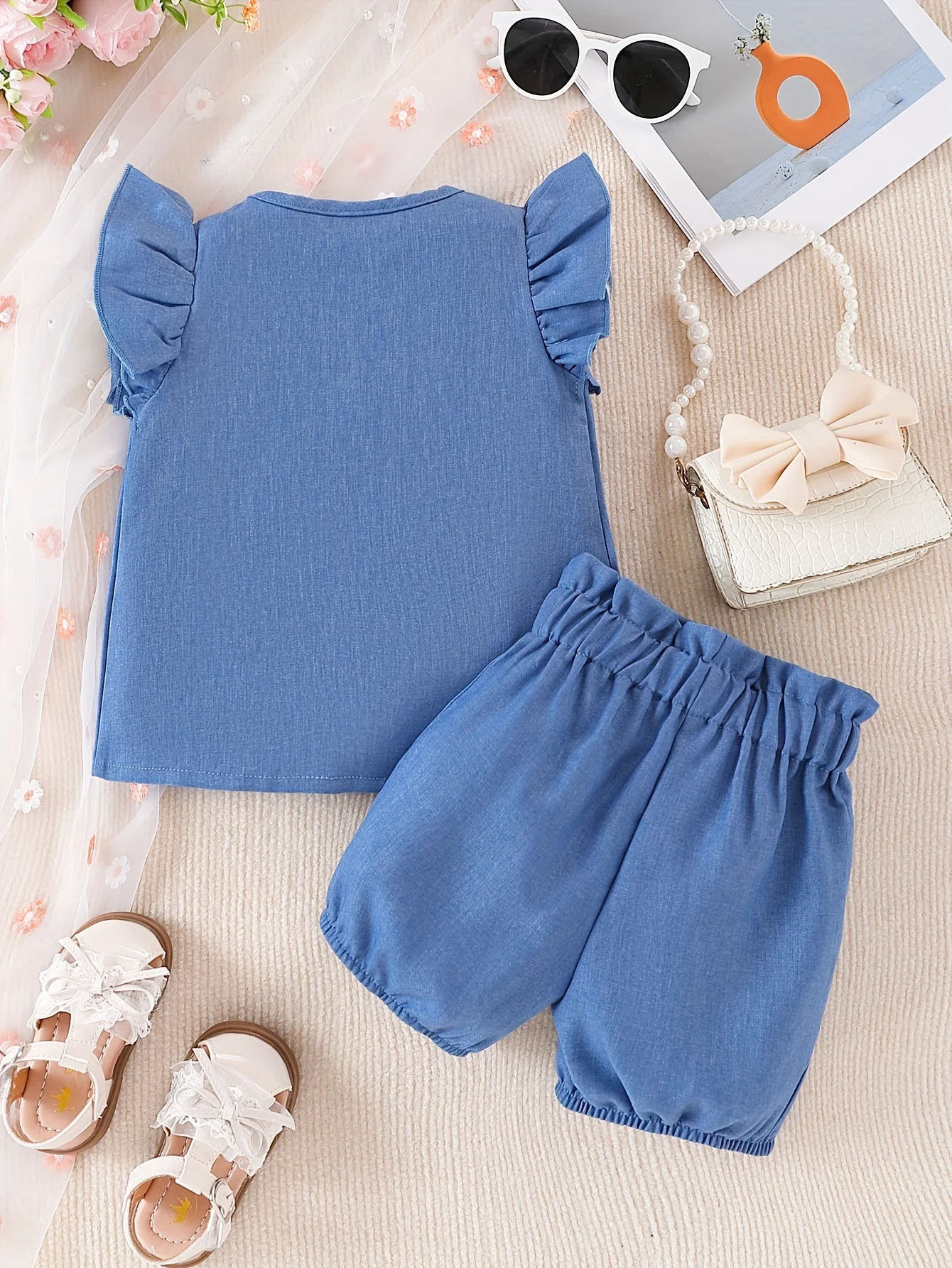 2 Sets Summer Baby Girls New Casual Fashion Cute Comfortable Imitation Denim Cardigan Flying Sleeve + Casual High-Waisted Shorts