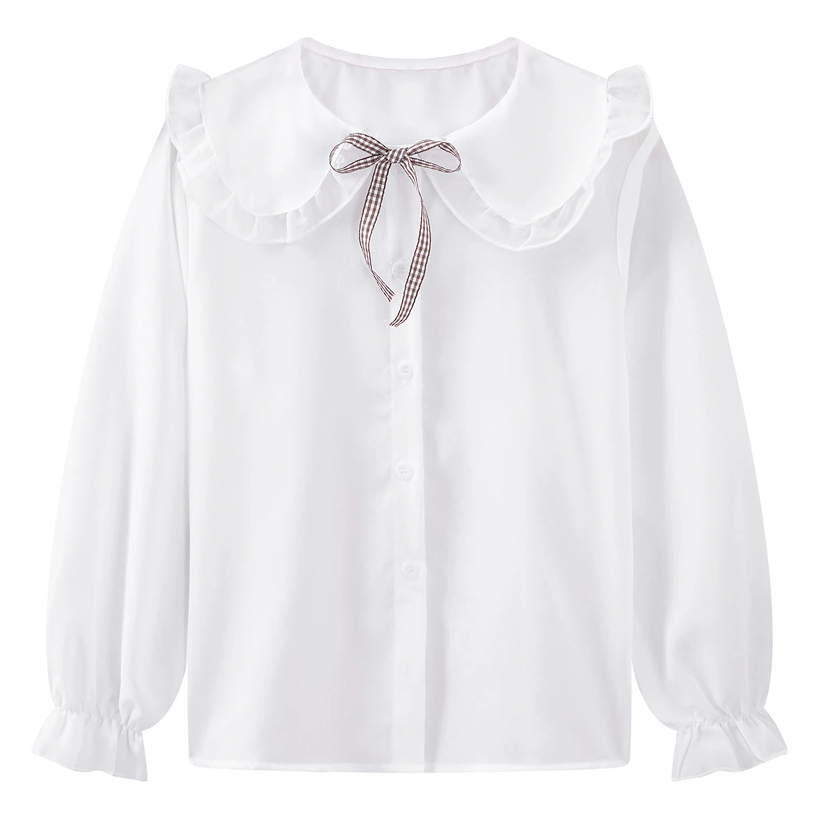 

Kids Girls Shirts Spring Autumn Children Clothes Cute Ruffled Doll Collar Shirt Casual Solid Color Long Sleeve Bowtie Blouse Top