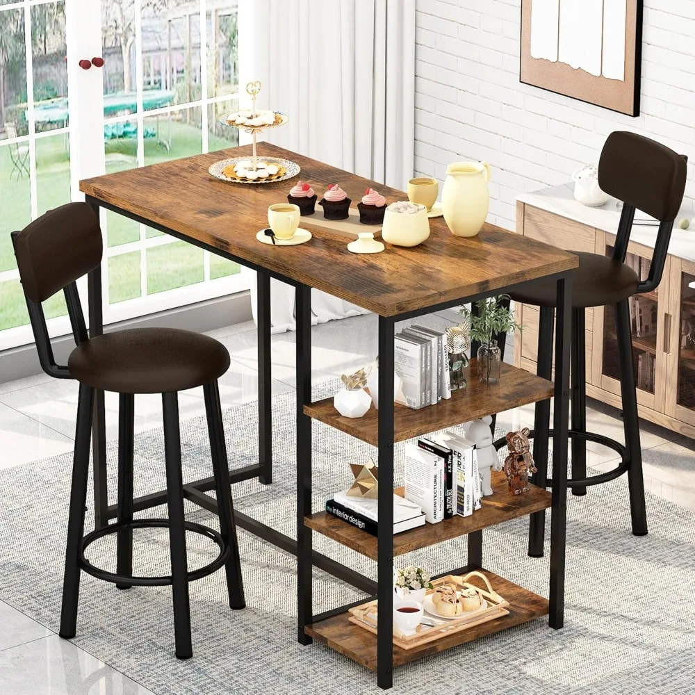 

Kitchen Dining Table Set for 2, Bar Table and Chairs Set with 3 Storage Shelves, Tall Dining with 2 PU Leather Backrest Stools f