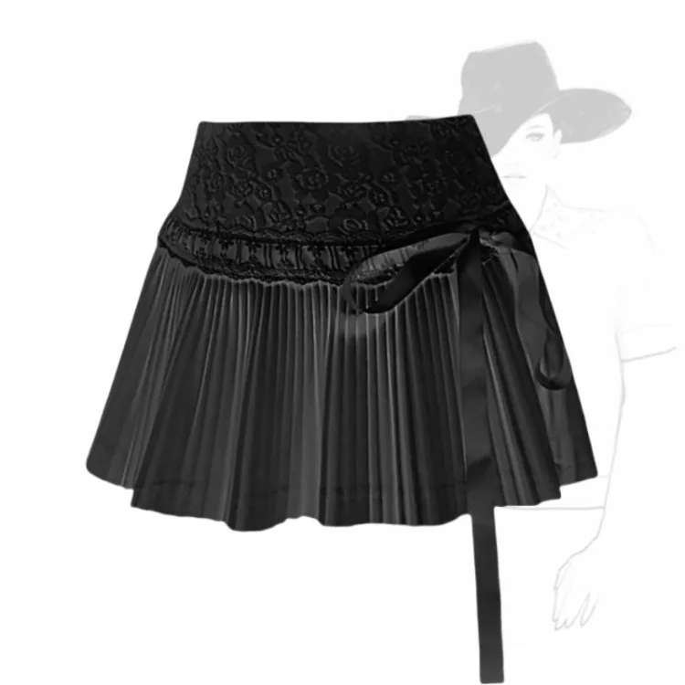 Sweet Lace Patchwork Bow A-line Skirts Y2k Grunge High Waist Ruched Skirt for Women 2024 Summer New Black Faldas Mujer