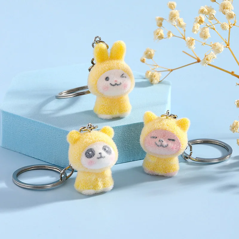 Fluffy Raincoat Rabbit Panda Bear Animal Keychains For Friend Resin Lovely 3D Flocking Pet Pendant Bag Box Car Key Ring Jewelry