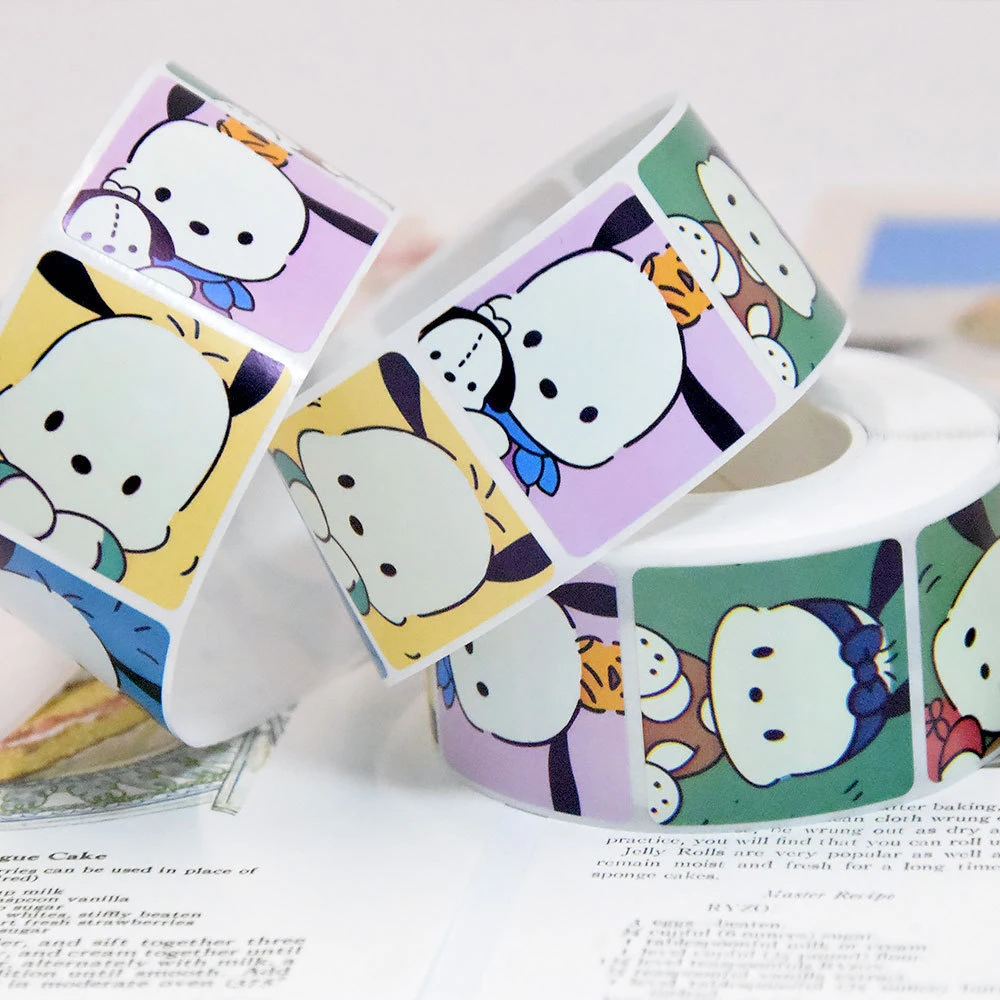 500 uds/rollo de pegatinas bonitas de Anime Sanrio Pochacco, pegatinas de dibujos animados DIY para ordenador portátil, pegatina de sellado de decoración Kawaii, juguetes de regalo de recompensa para niños