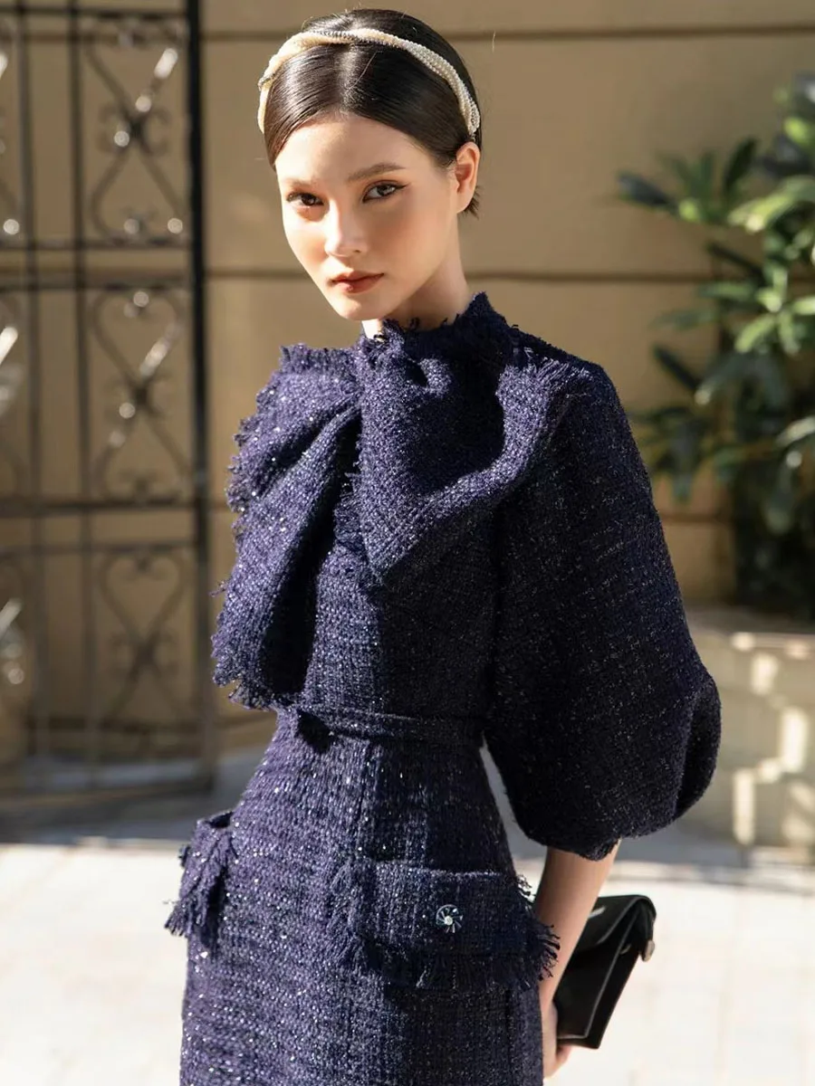 

Spring autumn women's tweed bow knot lantern sleeves slim dress