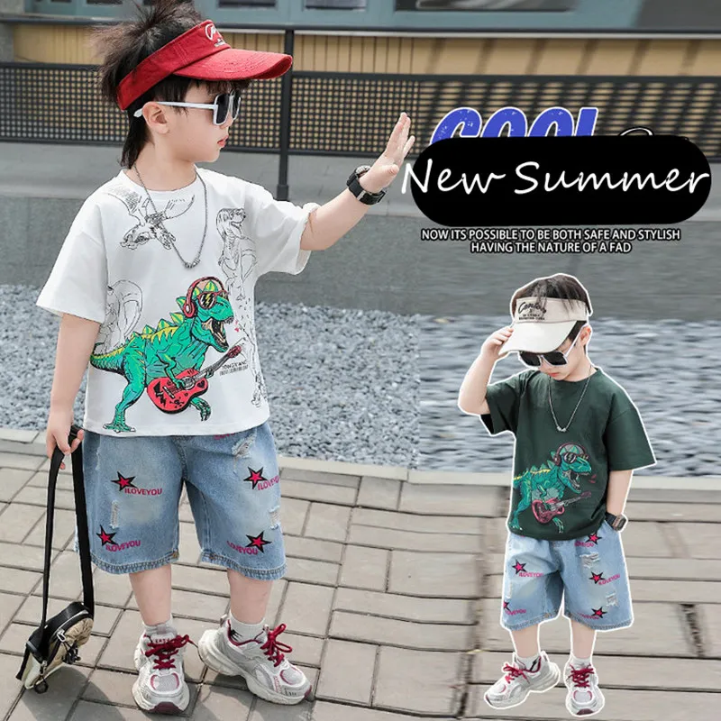 Summer Baby Boy Dinosaur Costume 2 Pieces Suit T-shirt Denim Shorts Clothing Set for Kids Child Casual Cartoon Dinosaur Outfit