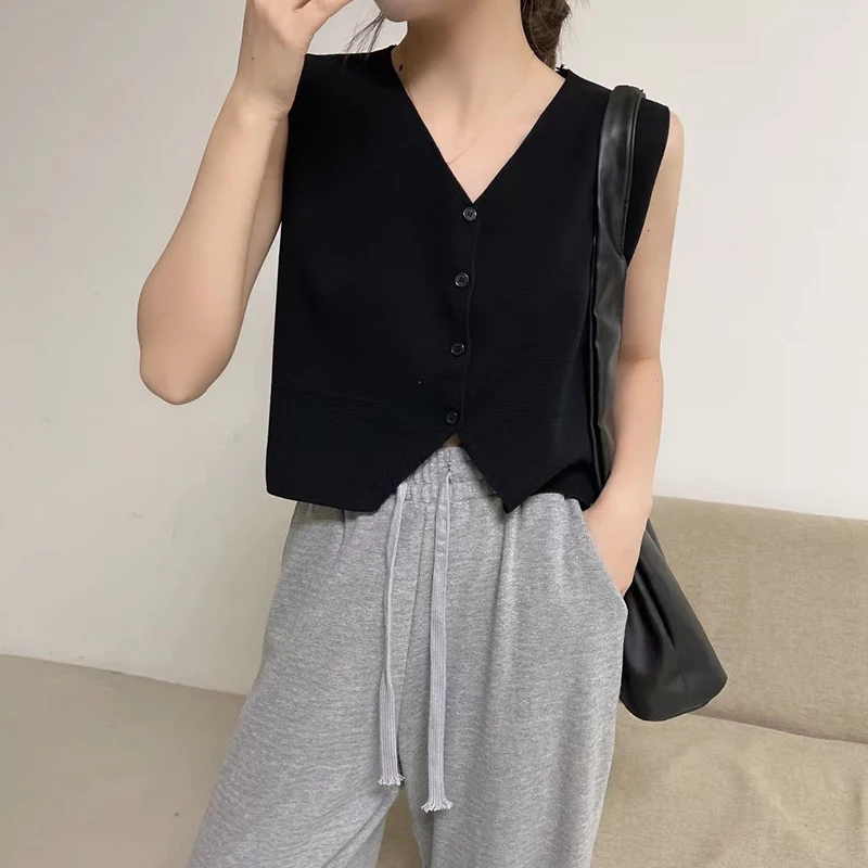 

Women's Spring Summer Elegant Women's Jackets Sleeveless Tank Top Slim Fit Single Breasted V Neck Short Sets Knit Vest By Coat