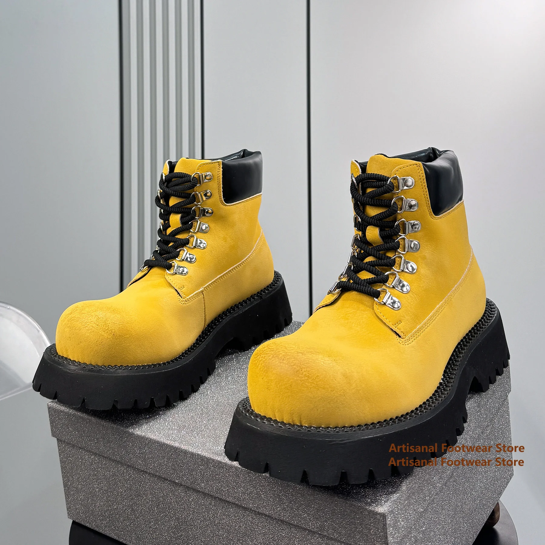 Thick-Soled High Top Men's Boots Spring New Style Height Increasing Lace-Up Men's Big Round Toe Derby Shoes Trendy Men's Shoes - view 5