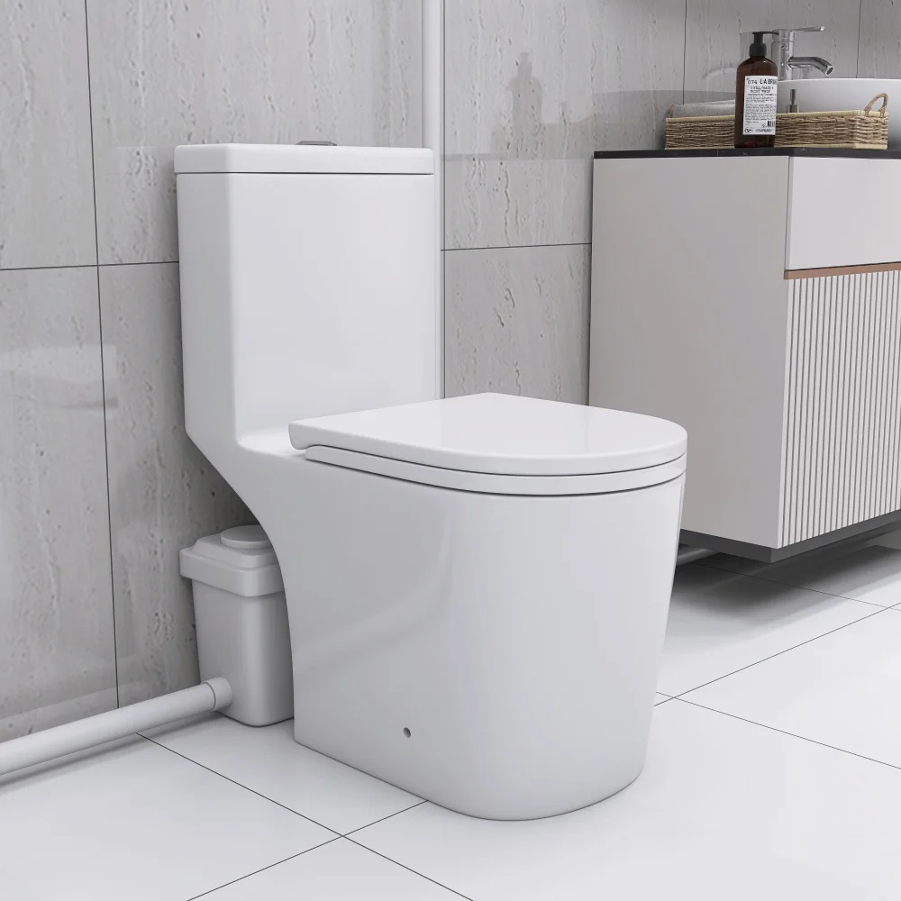 

Powerful Upflush Toilet for Basement with 600W Macerating Pump Dual Flush ADA Comfort Height Soft Close Seat Elongated Toilet