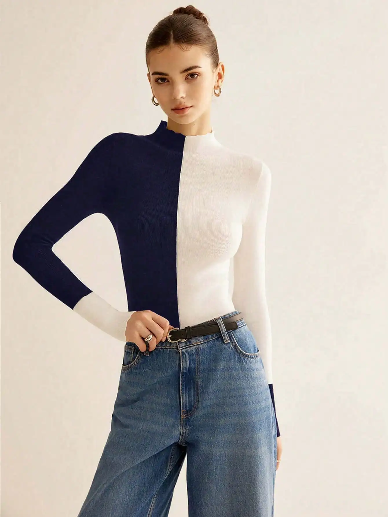 Women's Color Block Knit Sweater Autumn Long Sleeve Mock Neck Slim Fit 100% Polyester Stretch Pullover Top for Layering