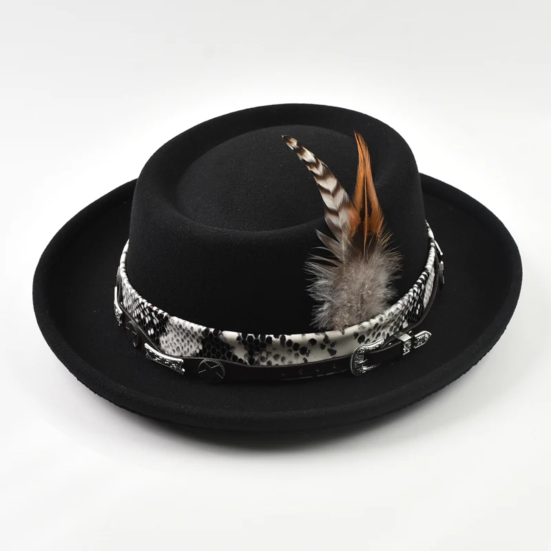Classic Imitation Wool Soft Felt Pork Pie Hat Mens Rolled Brim Felt Fedora Hat with Feather