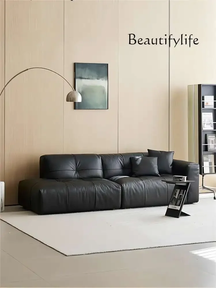 

French Retro Leather Sofa Black Straight Row Small Apartment Italian Tofu Block Module Designer Light Luxury