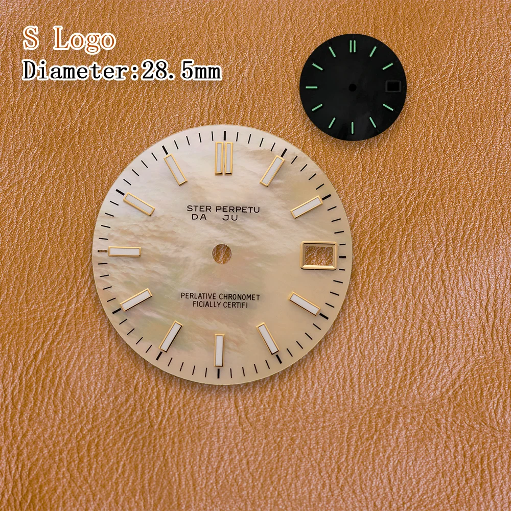 28.5mm S Logo NH35 Diamond dial Colour Mother pearl Dial Fit NH36 Movement Green Luminous Watch Modification Accessories view 2