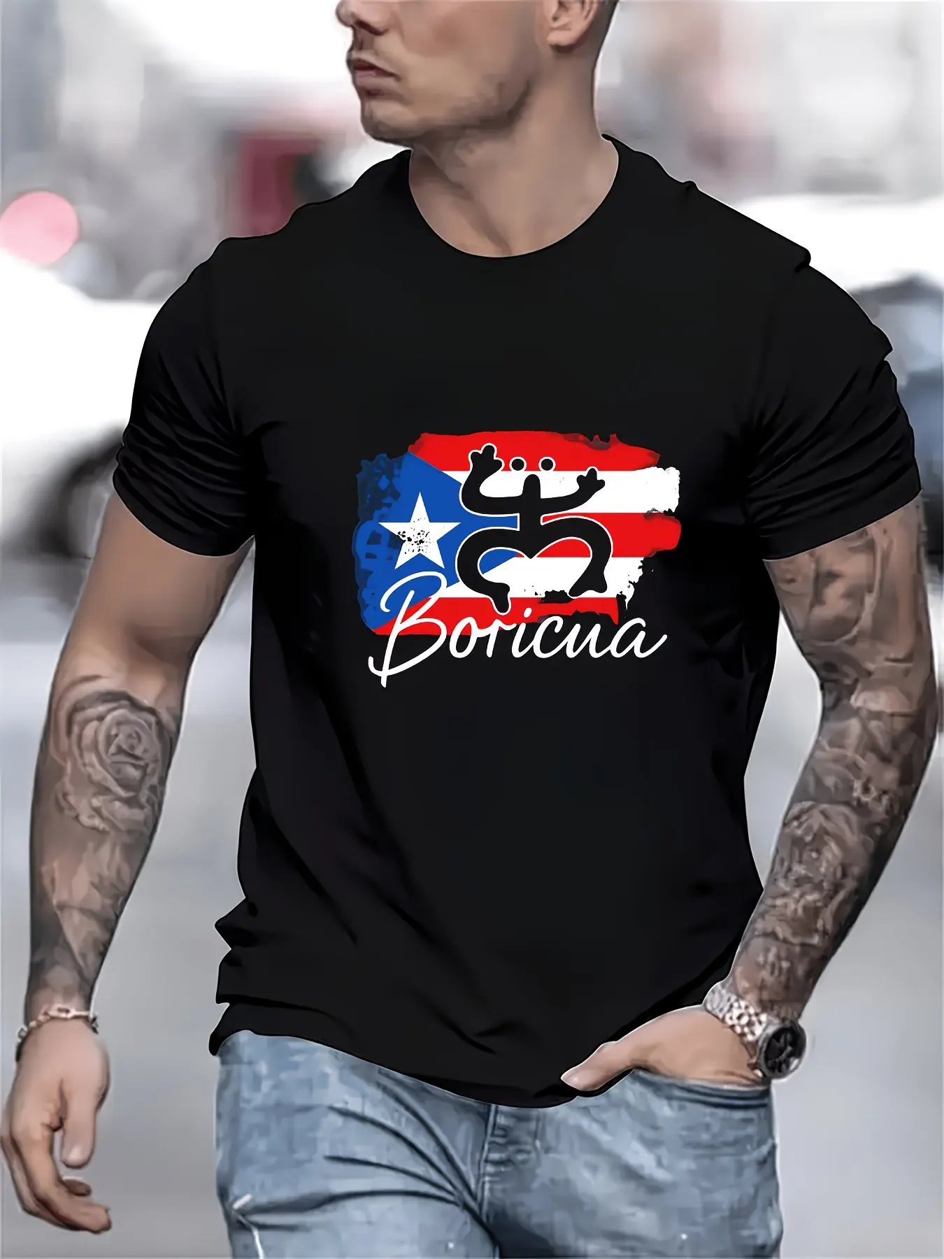 A Black T-Shirt Featuring The Puerto Rican Flag And The Word 'Boricua' Is Perfect for Casual Wear for Men Showcasing a Patriotic Style. It Makes an Ideal Gift for Independence Day Celebrations