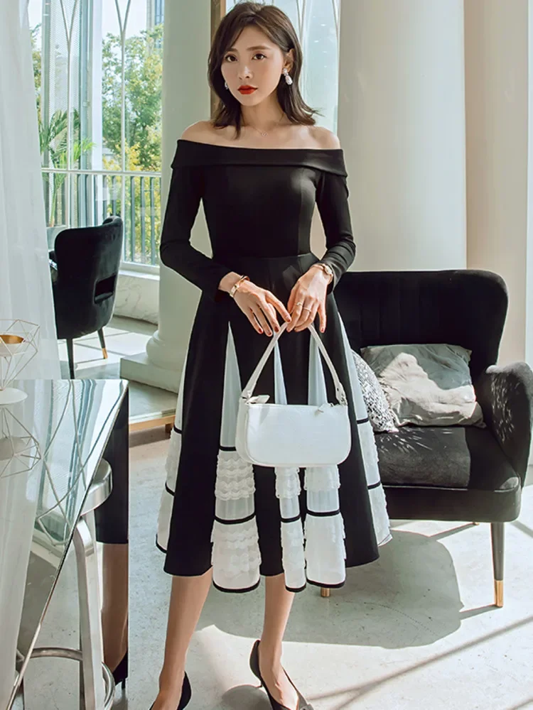 

IEQJ Elegant Luxury Evening Dress Slash Neck Long Sleeve Slim Contrast Color Patry Dresses For Women 2023 New Spring 3WQ2015