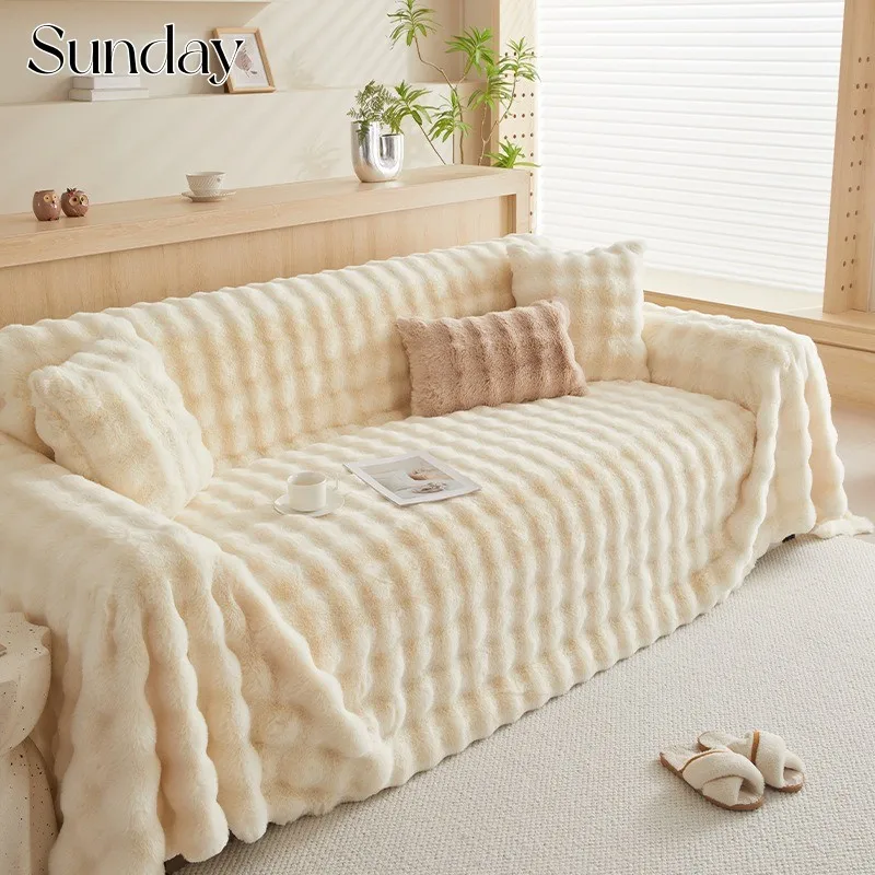 

Winter Faux Rabbit Fur Sofa Towel Warm Plush Sofa Covers for Living Room Anti Slip Slipcover Luxury Bubble Blanket Couch Cover