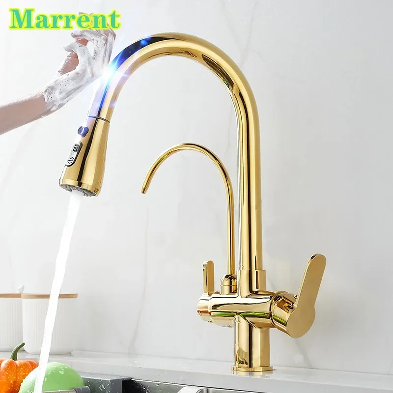 Touch Gold  Kitchen Faucets with Pull Out Sprayer Deck Mount Brass Kitchen Sink Mixer Tap with Drinking Water Tap