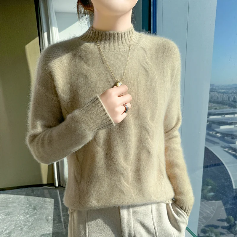 

Fall/Winter Half-high Neck Thickened Jacquard 100% Pure Sweater Women's Loose Long Sleeve Knitted Cashmere Bottom Sweater