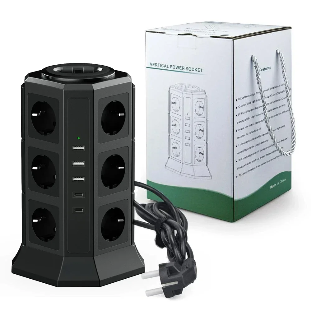 Melery Tower Power Strip Vertical EU Plug Adaptador Tomada USB TYPE-C Protetor contra surtos Proteção de circuito Cabo de extensão de 2m