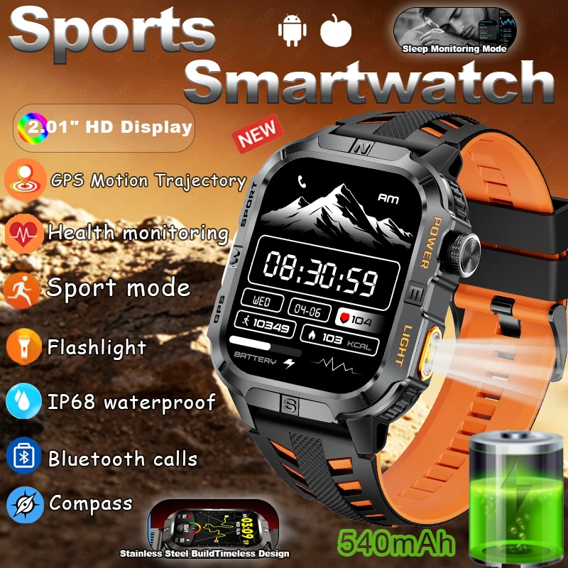 

2026 New Outdoor Sports Smart Watch 2.01" HD Display Heart Rate IP68 Waterproof Flashlight Compass GPS Sports Track Smart Watch