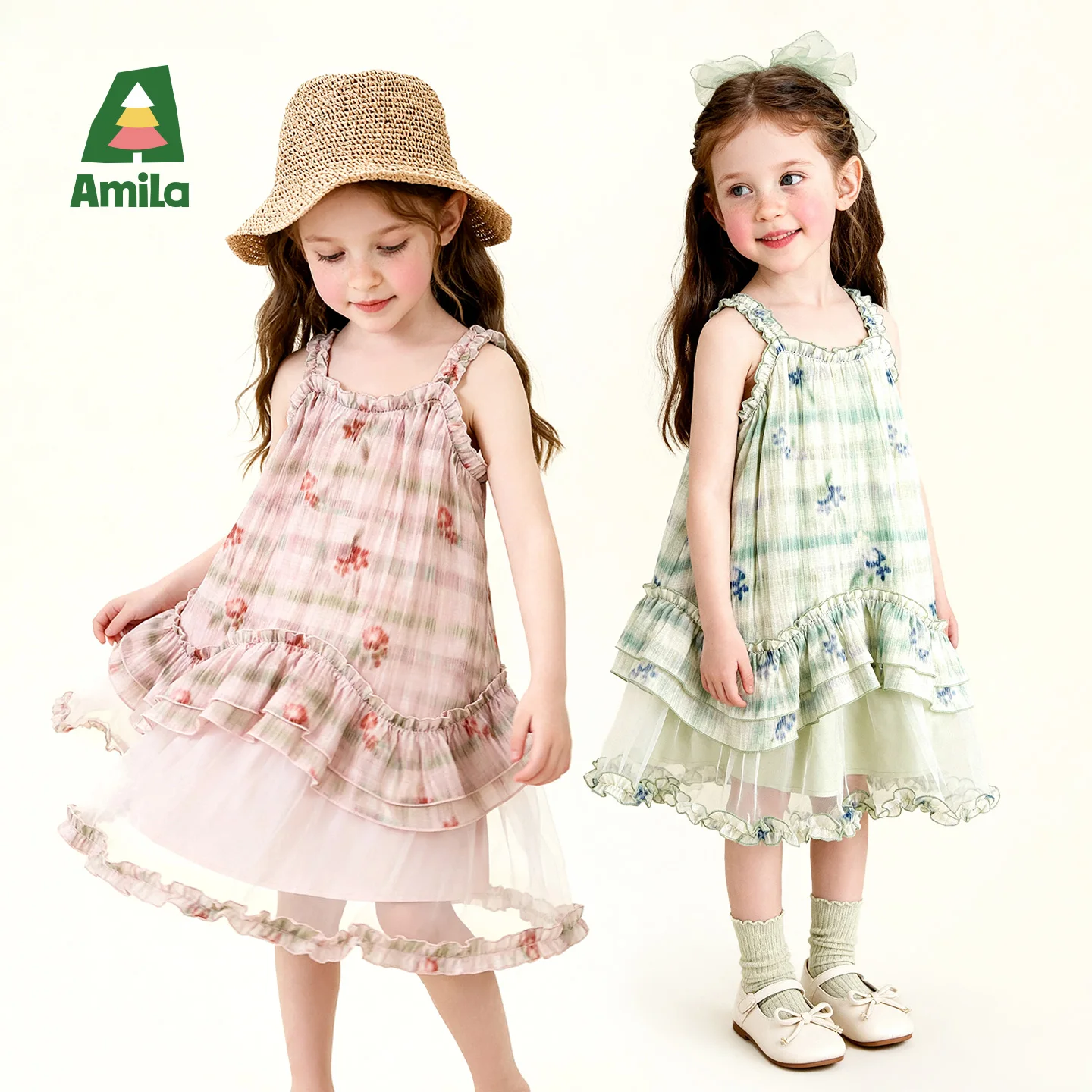 Amila 2026 Summer New Style Girls' Dress Watercolor Gradient Floral Ruffle Mesh Gentle And Sweet Literary Style Strap Dress