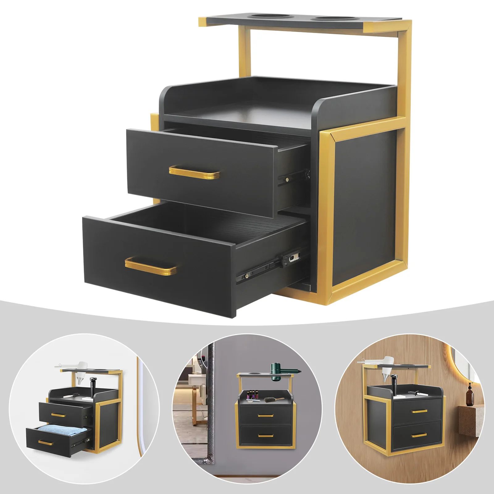 Modern Rectangular Wall Mounted Density Board Salon Storage Cabinet 2 Drawers 50kg Load Bearing Capacity for Spas, Barber Stores