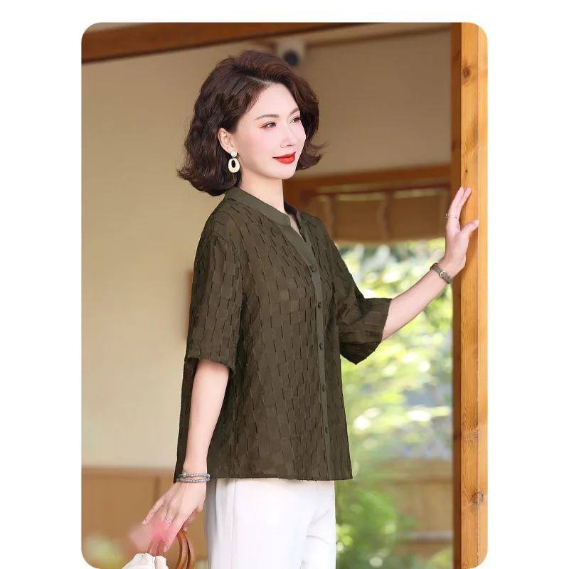 

Women's Olive Green V-Neck Half-Sleeve Blouse Loose Breathable Casual Office Top