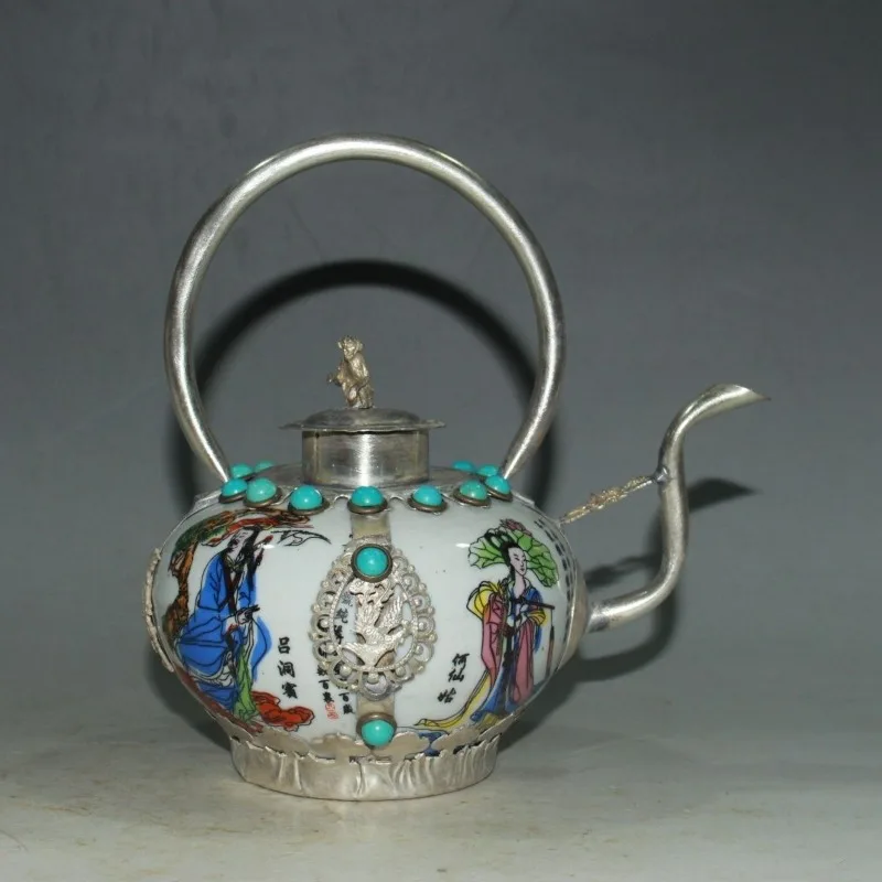 Antique White Porcelain Teapot Painted Eight Immortals Pattern Silver Mounted Inlaid Turquoise Home Decorative Ornament