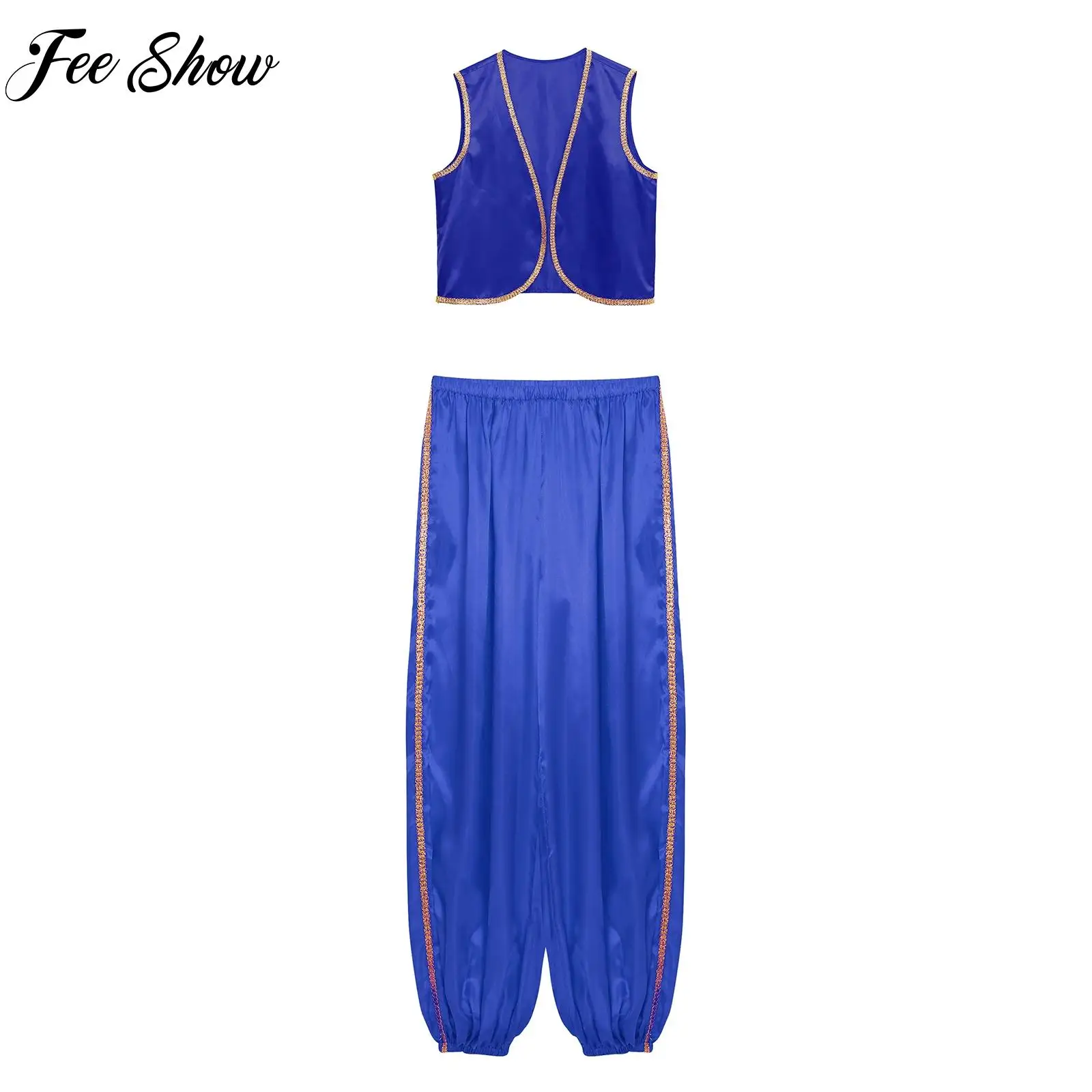 

Arabian Prince Costume Mens Halloween Fairytales Cosplay Dress Up Outfit Gold Trim Satin Waistcoat+Pants Suit Carnival Outfit