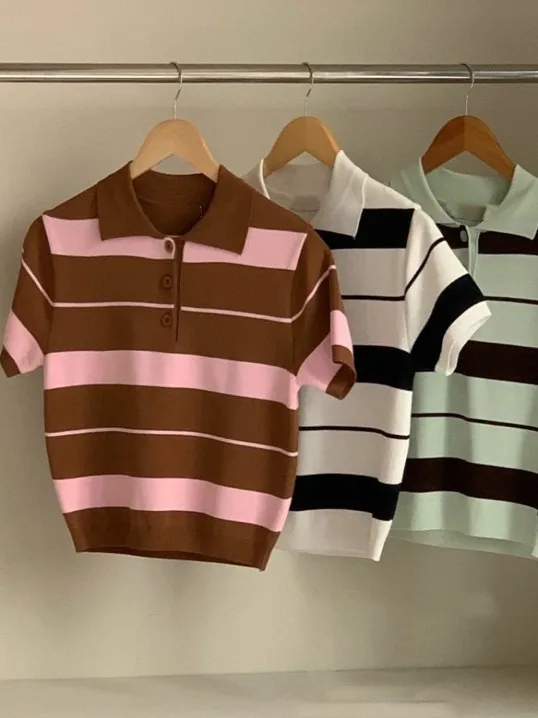 레트로 폴로 넥 스트라이프 반팔 니트웨어 여성 여름 패셔너블 젊고 다재다능한 고급스러운 트렌디 탑